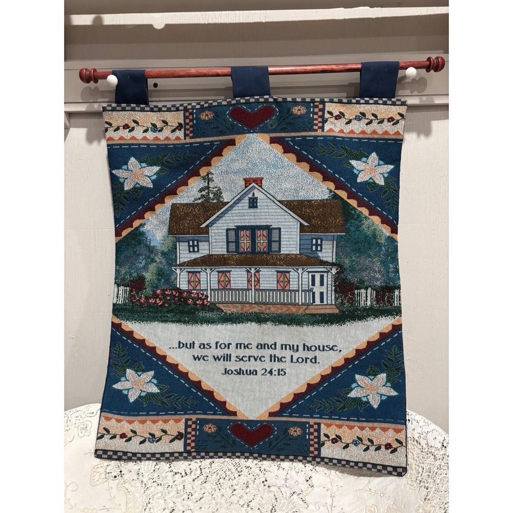 Joshua 24:15 Woven Tapestry Wall Hanging House Scripture Decor Blue 18x21